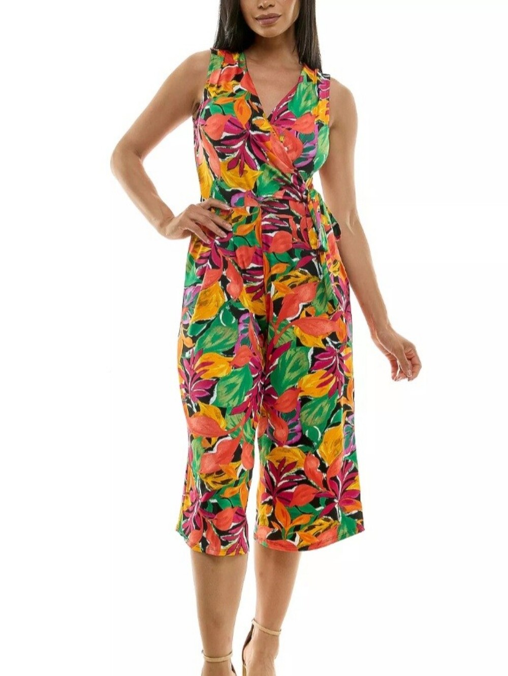 Tropical Print Sleeveless Jumpsuit - Multicolor